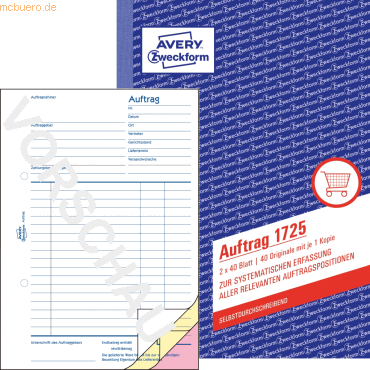 Avery Zweckform Formularbuch Auftrag A5 2x40 Blatt selbstdurchschreibe