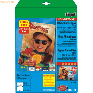 Sigel Fotopapier Everyday Plus 13x18cm 260g/qm glossy VE=18 Blatt