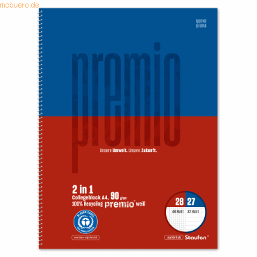 9001939836976 - Collegeblock 040839000 Premio Twice Lineatur 27 + Lineatur 28 liniert+kariert mit Rand innen außen A4 90g rot 80 Blatt 90 9001939836976 - Collegeblock 040839000 Premio Twice Lineatur 27 + Lineatur 28 liniert+kariert mit Rand innen außen A4 90g rot 80 Blatt 90