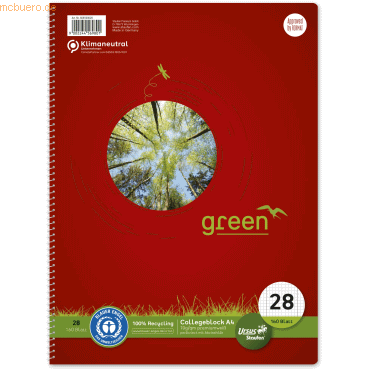 9002244569801 - Collegeblock 608590028 Green Baum Lineatur 28   kariert mit Rand innen außen A4 70g rot 160 Blatt 9002244569801 Ursus