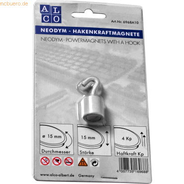 4007735169688 - 10 x Hakenmagnet Neodym Neodym (Nd) 15mm TG 4000 g weiß