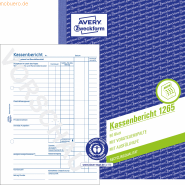 4004182012659 - Avery® Zweckform Kassenbericht 1265 Format A5 mit Ausfüllhilfe ohne Durchschläge perforiert & gelocht Blauer Engel weiß 1 Buch mit 50 Blatt