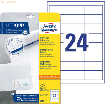 4004182617595 - AVERY Zweckform Abziehhilfe QuickPEELultragrip Mehrzwecketiketten 3658-10 Selbsthaftend DIN A4 Weiß 646 x 338 mm 10 Blatt à 24 Etiketten 4004182617595 - AVERY Zweckform Abziehhilfe QuickPEELultragrip Mehrzwecketiketten 3658-10 Selbsthaftend DIN A4 Weiß 646 x 338 mm 10 Blatt à 24 Etiketten