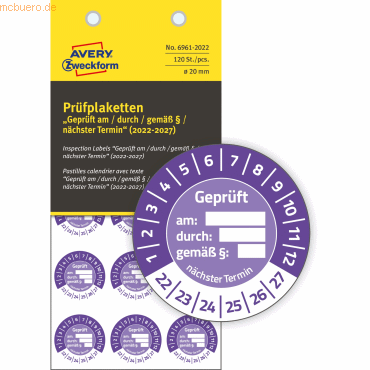 Avery Zweckform Prüfplaketten 20mm 8 Bogen/120 Etiketten 2022 violett