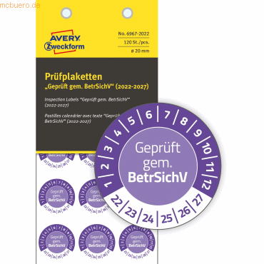 4004182078129 - Prüfplaketten 20mm 8 Bogen 120 Etiketten 2022 violett