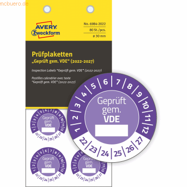 Avery Zweckform Prüfplaketten 30mm 10 Bogen/80 Etiketten 2022 violett