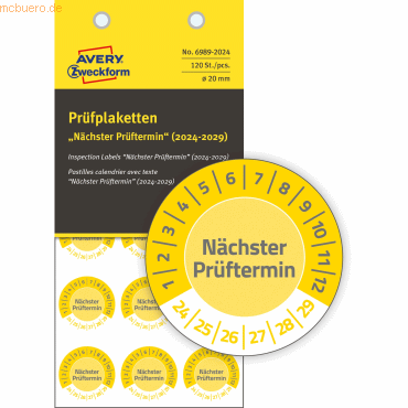 4004182078549 - 6989-2024 Prüfplakette Nächster Prüftermin 2024-2029 Gelb (Ø) 20 mm 20 mm 120 St