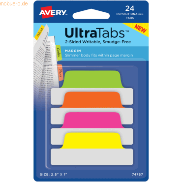 Avery Haftstreifen UltraTabs 63,5x25,4 mm neonfarbig VE=24 Stück