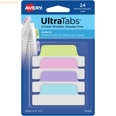 Avery Haftstreifen UltraTabs 63,5x25,4 mm pastellfarben VE=24 Stück