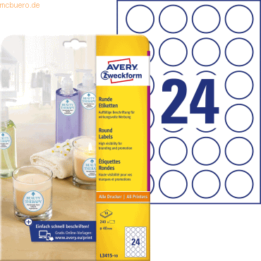 Avery Zweckform Etiketten Inkjet/Laser/Kopier 40mm weiß VE=240 Etikett