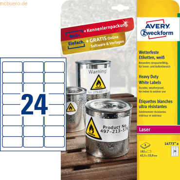 Avery Zweckform Etiketten wetterfest Polyester weiß 63,5x33,9mm VE=192