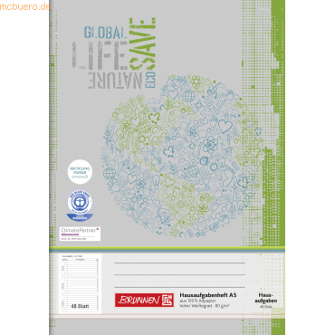 4003273665736 - Hausaufgabenheft 10-4685401 Recycling Hausaufgaben   liniert A5 80g grau grün 48 Blatt   96 Seiten 4003273665736 Brunnen