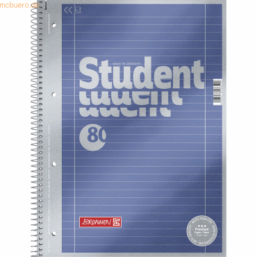 4003273566590 - BRUNNEN Student Premium Collegeblock DIN A4 Liniert Spiralbindung Pappkarton Blau Perforiert 160 Seiten 80 Blatt