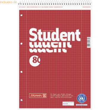 4003273571839 - Notizblock 106781201 Student Recycling kariert mit Rand innen außen A4 70g rot 80 Blatt 4003273571839 Brunnen 4003273571839 - Notizblock 106781201 Student Recycling kariert mit Rand innen außen A4 70g rot 80 Blatt 4003273571839 Brunnen