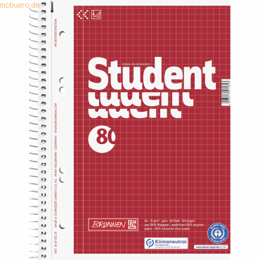 4003273571853 - Collegeblock 10-6787201 Student Recycling Lineatur 28   kariert mit Rand innen außen A5 70g rot 80 Blatt 4003273571853 Brun