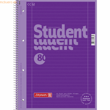 5 x Brunnen Kollegblock Student Colour Code A4 90g/qm 80 Blatt purple