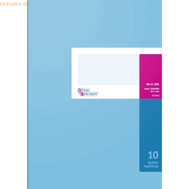 K+E Spaltenbuch mit Kopfleiste A4 10 Spalten 40 Blatt Karton hellblau