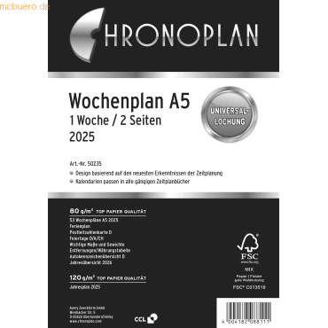 Chronoplan Wochenplan A5 1 Woche/2 Seiten Kalendarium 2025