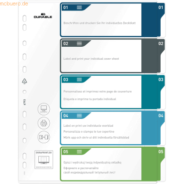 Durable Ordnerregister PP 1-5 farbige Taben beschriftbar A4+ hoch 245x