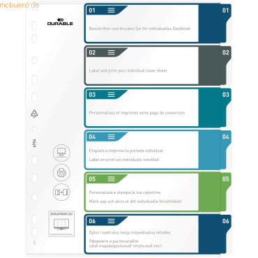 Durable Ordnerregister PP 1-6 farbige Taben beschriftbar A4+ hoch 245x