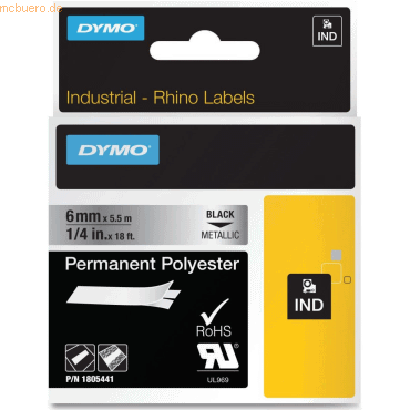 0071701059963 - DYMO® Original IND-Schriftband für Rhino™ Permanent Polyester 6mm x 55m - schwarz auf metallic