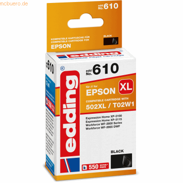 4057305033666 - Druckerpatrone ersetzt Epson 502XL   T02W1 Kompatibel einzeln Schwarz EDD-610 18-610