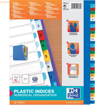 3045050228070 - Kunststoff-Register Zahlen A4+ farbig 31-teilig