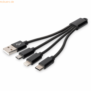 4016032466208 - DIGITUS Ladekabel USB - 015 m - USB A (M) auf Lightning (M) USB Micro B (M) USB C (M) - Blister - Schwarz