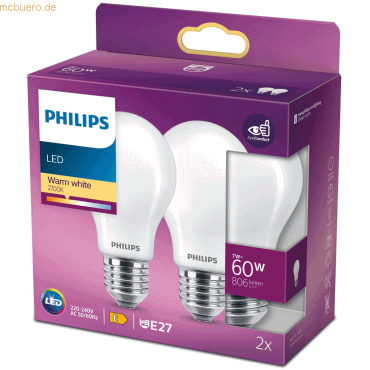 Signify Philips LED classic Lampe 60W E27 Warmweiß 806lm weiß 2er P