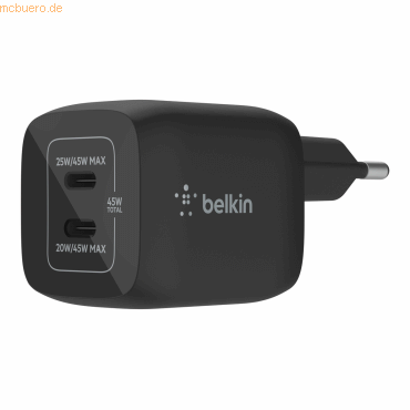 Belkin Belkin 45W Dual USB-C GaN Ladegerät Power Deliver, PPS, blk