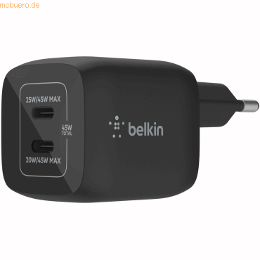 Belkin Belkin 45W Dual USB-C GaN Ladegerät Power Deliver, PPS, blk