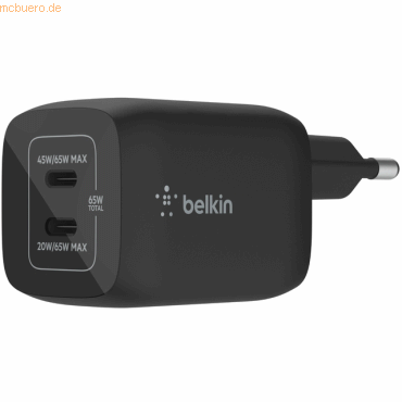 Belkin Belkin 65W Dual USB-C GaN Ladegerät mit PD und PPS, schwarz