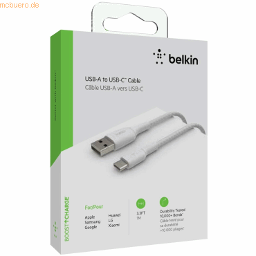 Belkin Belkin USB-C/USB-A Kabel ummantelt, 1m, weiß