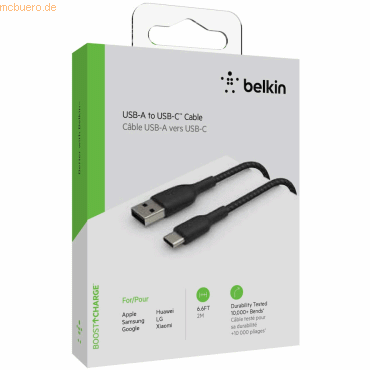 Belkin Belkin USB-C/USB-A Kabel ummantelt, 2m, schwarz