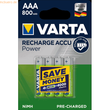 Varta VARTA Recharge Accu Power, Akku vorgeladen, AAA 800mAh, 4Stk