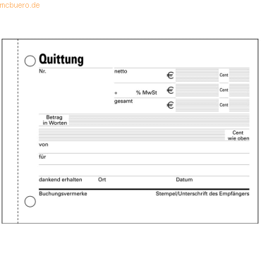 3130630126225 - 10 x Formularbuch Quittung A6 m MWSt Nachweis 2x50 Blatt sel