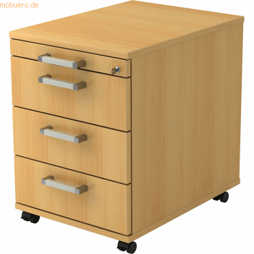 mcbuero.de Rollcontainer 58cm 3 Schübe Schloss Chromgriff Buche