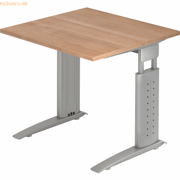 4032062139936 - HAMMERBACHER US08 höhenverstellbarer Schreibtisch nussbaum quadratisch C-Fuß-Gestell silber 800 x 800 cm