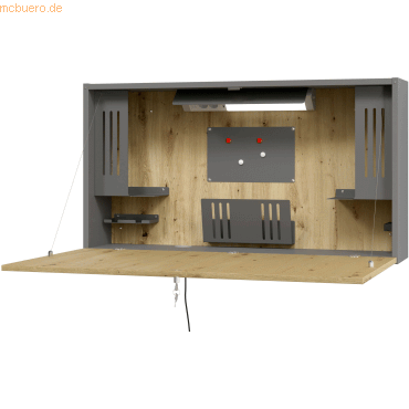 4032062188972 - Wandschreibtisch ideal für das Home Office ausklappbare Tischplatte umfangreiche Innenausstattung B 1200 x T 260 x H 650 mm graphit Asteiche