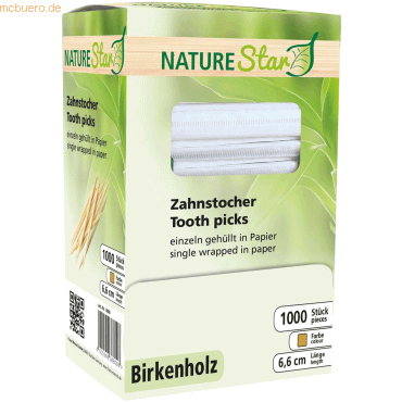 4015544388008 - NATURESTAR Zahnstocher in Papier gehüllt Stocher in praktischer Spenderbox geschmacksneutral 1 Box = 1000 Stück Birkenholz