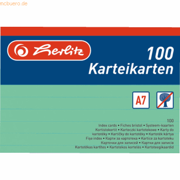 8 x Herlitz Karteikarten A7 liniert grün VE=100 Stück