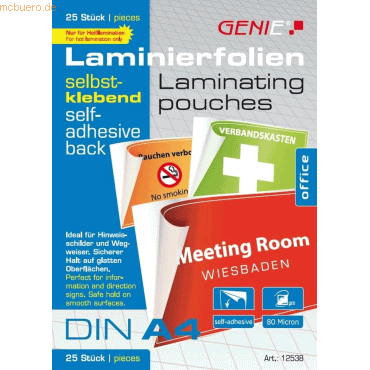 4015468125383 - 25 GENIE Laminierfolien glänzend für A4 80 micron selbstklebender Rücken