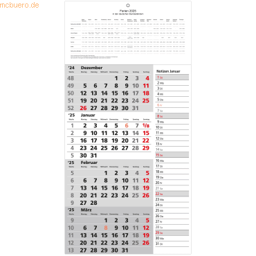 Güss 4-Monatskalender 30x53cm 2-farbig Kalendarium 2025