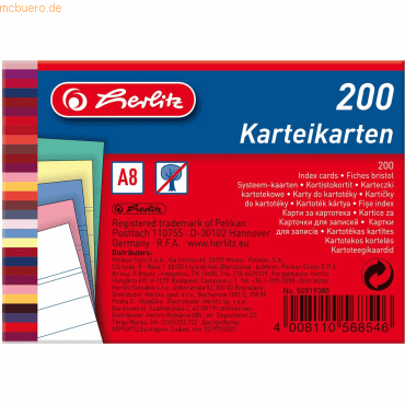 4008110568546 - 8 x Karteikarten A8 170g qm liniert farbig sortiert VE=200 Stü