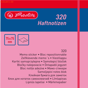 Herlitz Haftnotizen 75x75mm VE=400 Blatt intensivfarben (pink, gelb, g