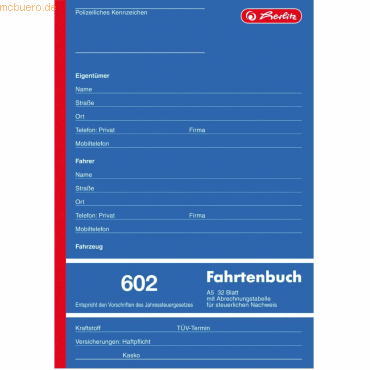 Herlitz Formularbuch Fahrtenbuch A5 602 32 Blatt