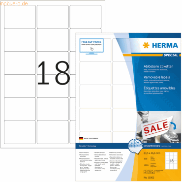 HERMA Etiketten weiß Movables/ablösbar 63,5x46,6mm Special A4 VE=1800