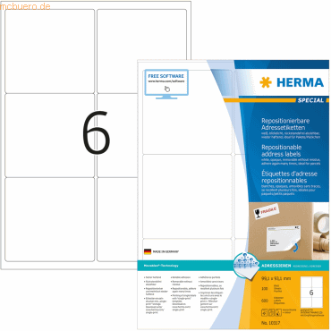 HERMA Etiketten weiß Movables/ablösbar 99,1x93,1mm Special A4 VE=600 S