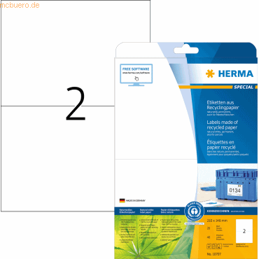 4008705107075 - HERMA Etiketten Recyclingpapier A4 210x148mm weiß VE=20 Blatt 40 Stück