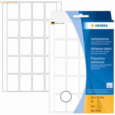 4008705024303 - HERMA Mehrzwecketiketten 2430 Weiß DIN A4 22 x 32 mm Rechteckig 32 Blatt à 220 Etikett 4008705024303 - HERMA Mehrzwecketiketten 2430 Weiß DIN A4 22 x 32 mm Rechteckig 32 Blatt à 220 Etikett